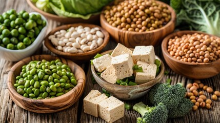 a rustic wood background, showcasing nutritious options like soy-based foods and tofu, ideal for...