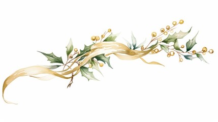 Elegant watercolor-style mistletoe arrangement with shimmering gold highlights, isolated on a pure white background, perfect for sophisticated holiday stationery or gift tags