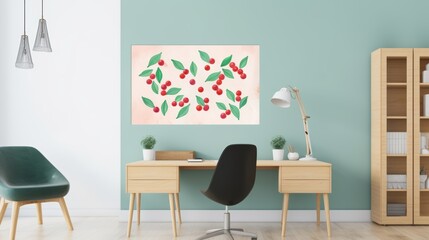 Minimalist watercolor artwork of holly berries, isolated on white canvas, emphasizing the contrast between the vivid berries and the untouched background, great for modern decor