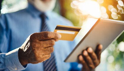 Elderly businessman's hand holding digital tablet and credit card, symbolizing modern senior entrepreneurship