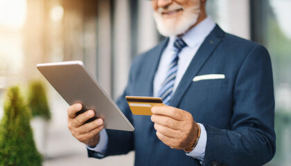 Elderly businessman's hand holding digital tablet and credit card, symbolizing modern senior entrepreneurship