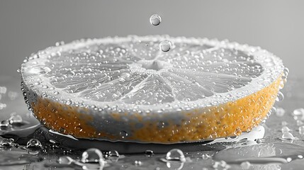   A close-up shot of a fruit slice resting on a table, with droplets of water visible on both the...