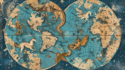 Vintage-inspired illustrations of zodiac constellations, styled as old celestial maps with intricate details and aged paper textures, incorporating mythological creatures and symbols