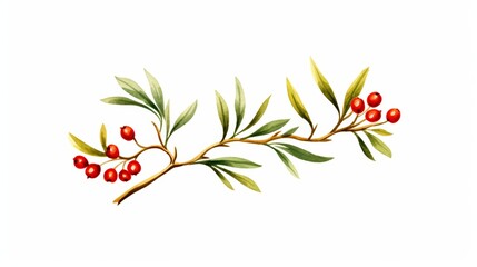 Watercolor rendering of a classic mistletoe arrangement, featuring subtle gold strokes, beautifully contrasted on a white background