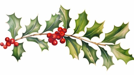 Artistic representation of holly berries painted in watercolor on white canvas, featuring rich reds and deep greens, perfect for holiday cards and seasonal artwork