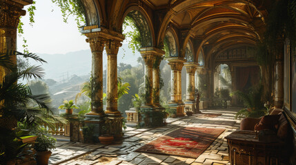 Obraz premium Nature's Embrace: Sunlight Illuminating Ancient Ruins Amidst Lush Forest Canopy