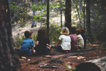 Group of children sitting on the ground in the forest and looking at the camera - Powered by Adobe