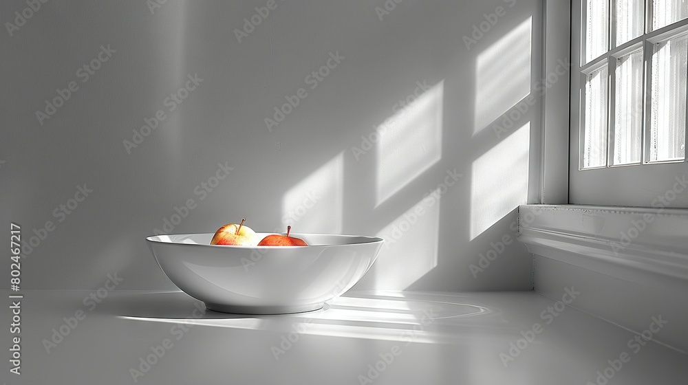 Poster a tableau of fruit in a bowl on a table, illuminated by a window, casting a shadow on the adjacent w