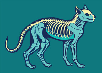 Detailed artwork of a bighorn cat skeleton on a dark background-