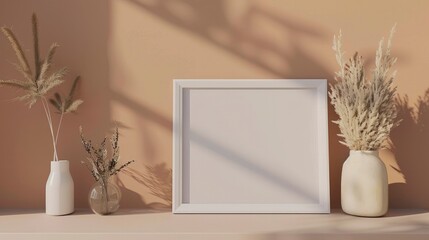 an empty white picture frame and indoor plant on a table, with a light brown wall background