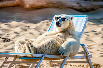 Fototapeta premium A polar bear in sunglasses sits in a sun lounger on the beach. Basking in the sun. Generative AI