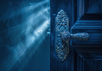 closeup of an ornate door handle on the open side, with light rays streaming through on dark blue background
