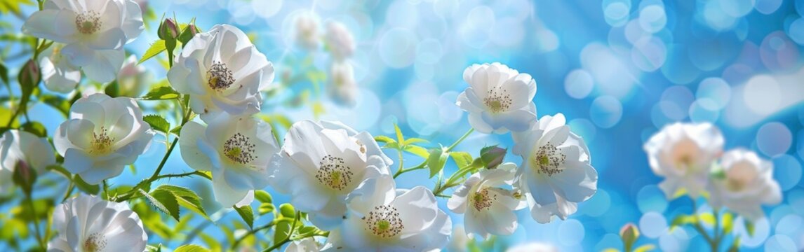 elegant white wild roses against a blue sky background