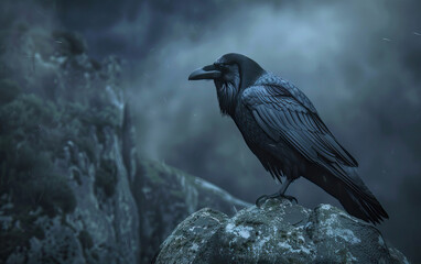 Fototapeta premium Dark Fantasy Raven Perched on Gothic Rock symbol of darkness and mystery