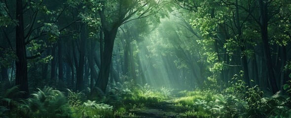 A lush green forest with tall trees and sunlight filtering through the leaves