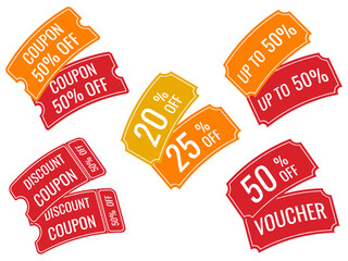 Set of coupons and vouchers for discounts in yellow, red and orange colors isolated on a white background, vector.