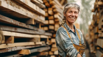 A smiling woman in a lumberyard is checking the planks that are stacked up. - Powered by Adobe