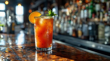   A drink sits on a bar alongside an orange-juice-filled glass garnished with a green leaf