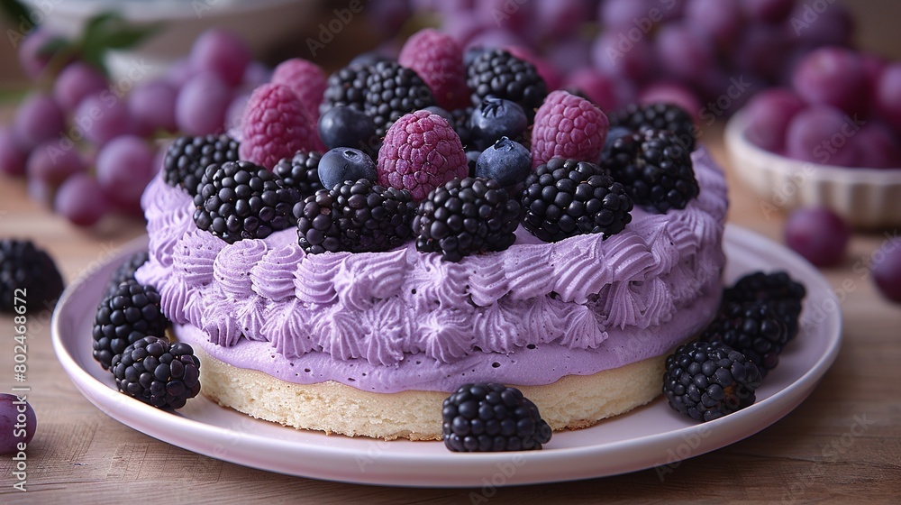 Poster close-up image of a cake on a plate surrounded by grapes and other fruits on a table in the backgrou