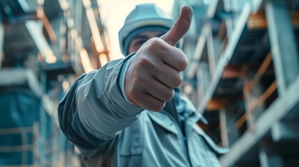 A white construction manager gives the thumbs-up to confirm the quality and pass of a home building project.