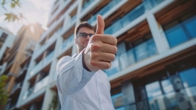 A white construction manager gives the thumbs-up to confirm the quality and pass of a home building project.