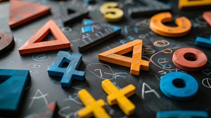A close-up image of various math fractions laid out on a black table, highlighting the concept of dividing fractions for educational purposes