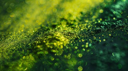 A detailed close-up of metallic pigment dust sparkling in vibrant green and yellow colors, highlighting its vivid texture
