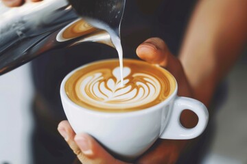 barista pouring milk into a coffee cup to create latte art against a white background