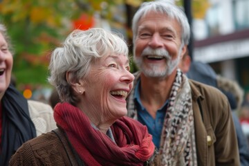 Elderly couple in the city. They laugh and have fun.
