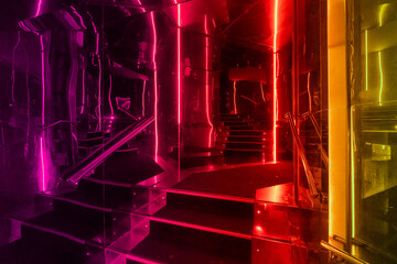 Architectural composition of a staircase in a nightlife setting, such as a bar or club. Luminous...