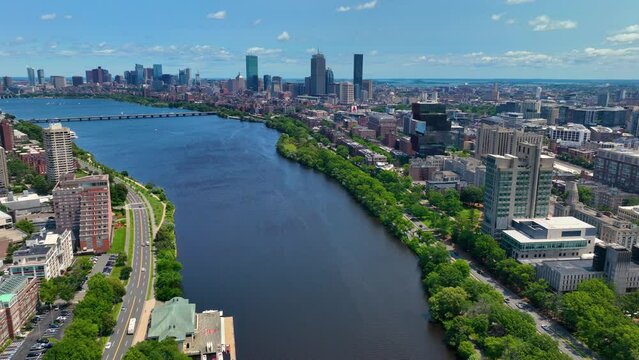 Aerial view of Cambridge on the left and Boston Back Bay on the right connected by Harvard Bridge across Charles River, Boston, Massachusetts MA, USA. 