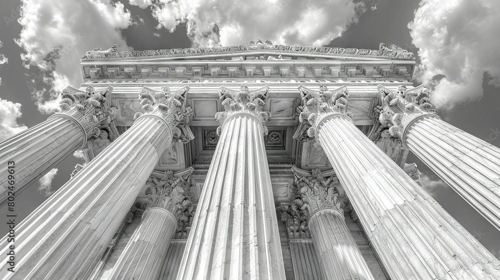 Poster a monochrome image captures the peak of a building surrounded by columns and cloudy skies