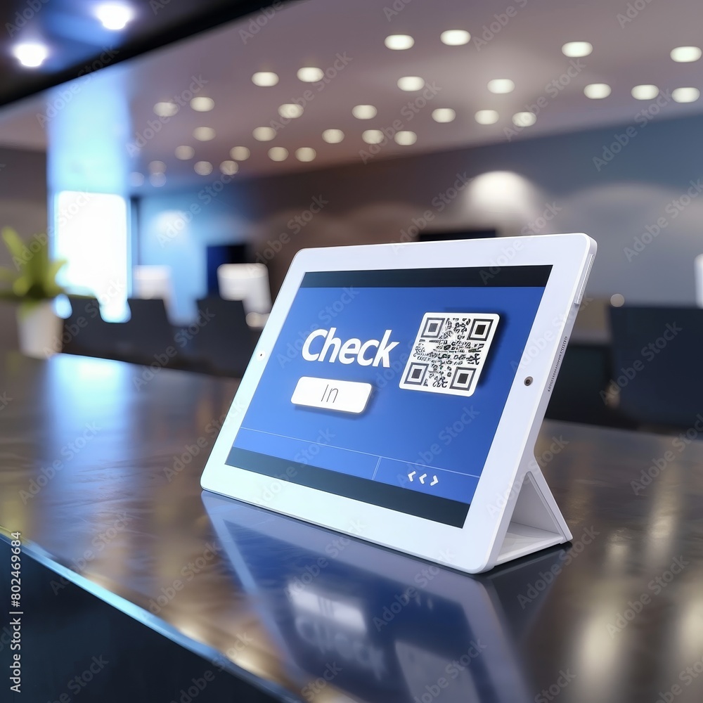 Wall mural business reception desk, tablet with qr code and check in on screen
