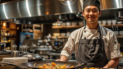 A chef is smiling and standing in a kitchen with a tray of food in front of him. The kitchen is well-equipped with various utensils and appliances, including a sink, a refrigerator, and a microwave