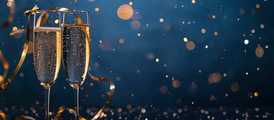 New Years Eve background with champagne glasses and golden ribbons with dark blue background