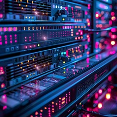 Smart cloud server farm with AIdriven diagnostics and security operations in a futuristic tech environment , close up