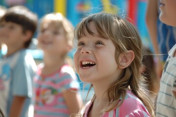 Cute little girl laughing at the playground in summertime. Close-up.