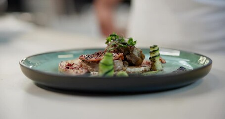 Restaurant, steak and plate with meat on luxury, gourmet or fine dining menu with spices and herbs. Serving, beef and catering dinner with healthy protein, food or hands of waiter in kitchen at hotel