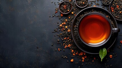   A cup of tea is surrounded by tea spoons against a black backdrop, featuring an orange seed and a green leaf