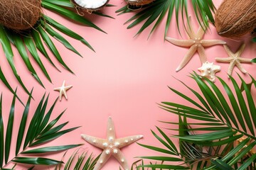 Tropical summer frame border with starfish, coconuts and green palm leaves on pink background