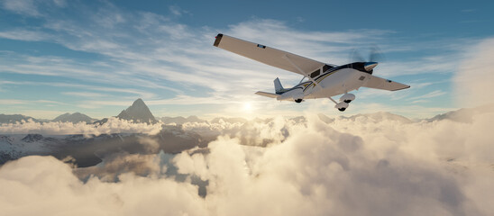 Single Engine Airplane flying over dramatic mountain landscape at sunset. 3d Rendering
