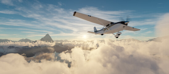 Fototapeta na wymiar Single Engine Airplane flying over dramatic mountain landscape at sunset. 3d Rendering