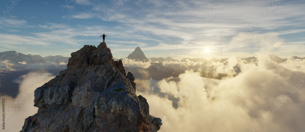 Wall mural adult adventurous woman standing on top of a snow peak. mountain adventure artwork