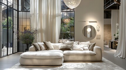   A spacious living room featuring a plush white sofa and circular ottoman positioned centrally, complemented by a dazzling chandelier suspended overhead