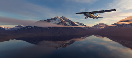 Fototapeta na wymiar Single Engine Airplane flying over dramatic mountain landscape at sunset. 3d Rendering