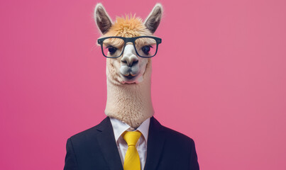 Naklejka premium humorous alpaca in business attire with glasses on pink background