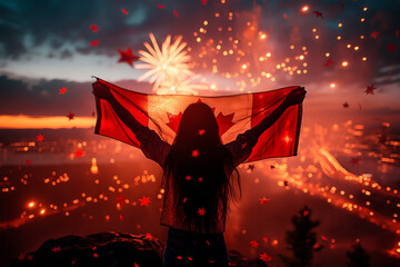 Woman with Canadian flag in her hands watches the fireworks 