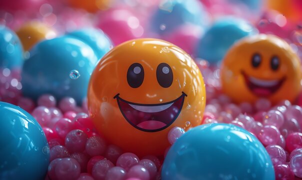 Colorful emoji smile balls, closeup, background, soft light, cute and happy expressions, 3D rendering, bright colors, rich details, lively atmosphere in the style of colorful backgrounds