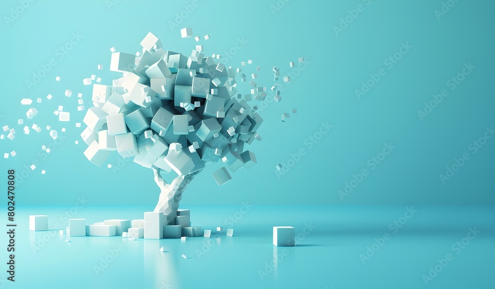 Poster 3d rendering of an abstract tree made from cubes with scattered boxes on a blue background abstract 