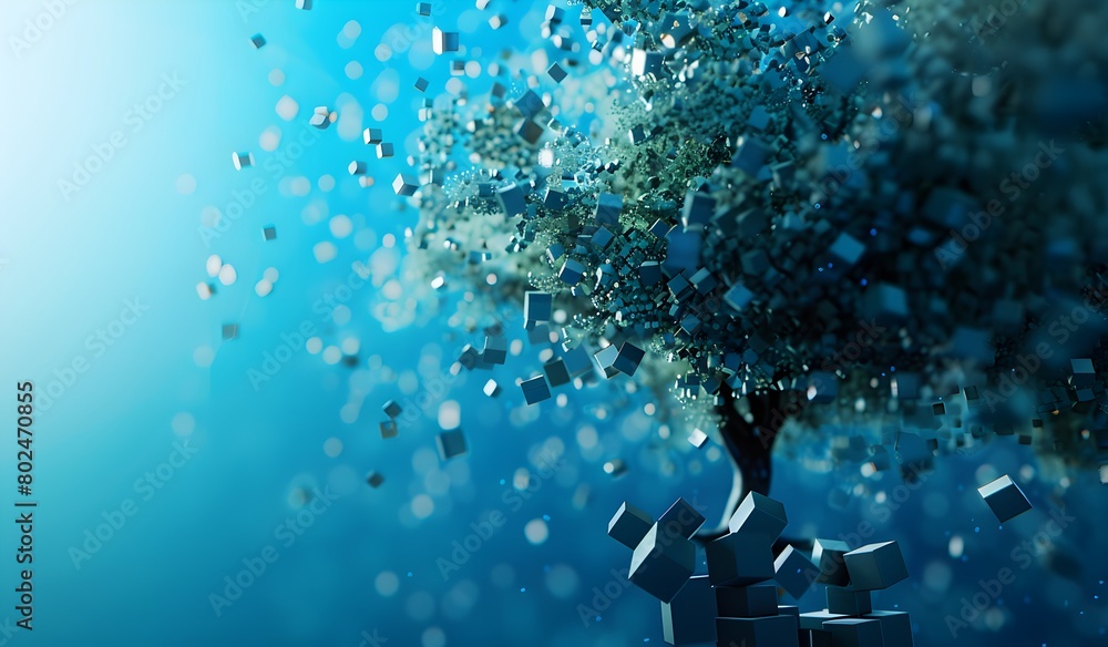 Poster 3d rendering of an abstract tree made from cubes with flying cube particles on a light blue backgrou